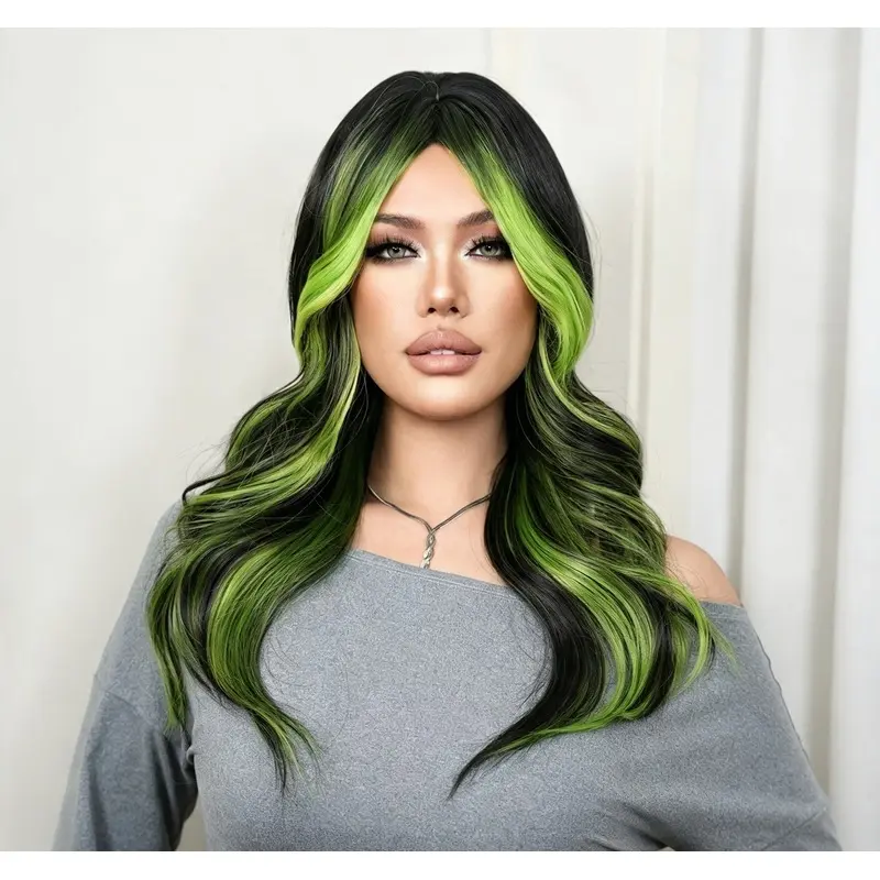 28in Jet Black Face Framing Bright Green Highlight Curly Wig with Natural Middle Part, Soft Voluminous Long Wave Wig with Breathable Cap for Daily Commute, Club Party and Halloween Looks