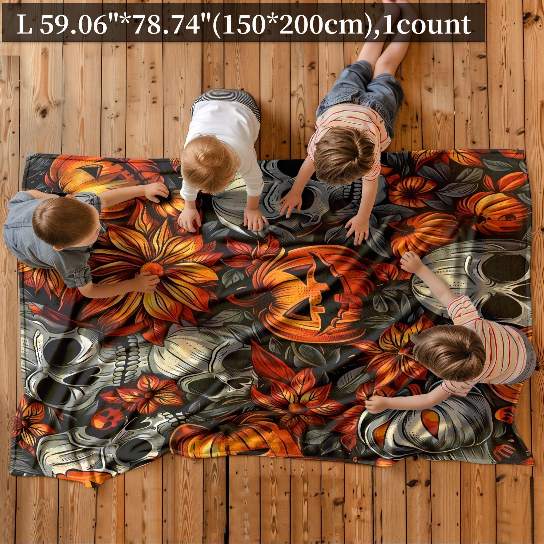 Skull & Pumpkin Pattern Blanket, 1 Count Soft Warm Nap Throw Blanket, Air-conditioned Room Blanket for Home Office Travel Camping Dormitory, Christmas Gifts, Christmas Decorations, Floral Print Blanket