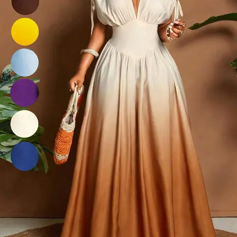 Ombre Gradient Maxi Dress Women Luxury French Deep V Neck High Waist Flowy Skirt Tie Detail Short Sleeve Elegant Vacation Party Long Dress Wedding Guest Summer Outfit Resort Wear
