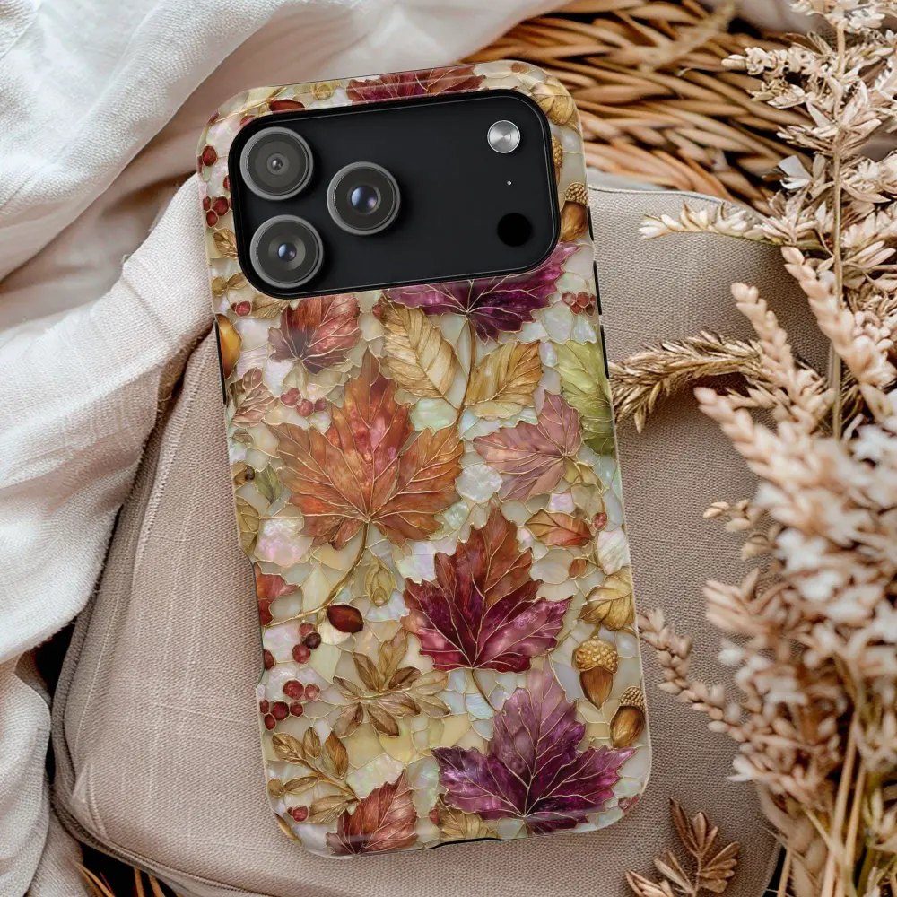 Fall Leaves Faux Stained Glass Phone Case, Autumn Woodland Phone Case, Cottagecore Acorn Phone Cover, Thanksgiving Phone Case, Nature Gift