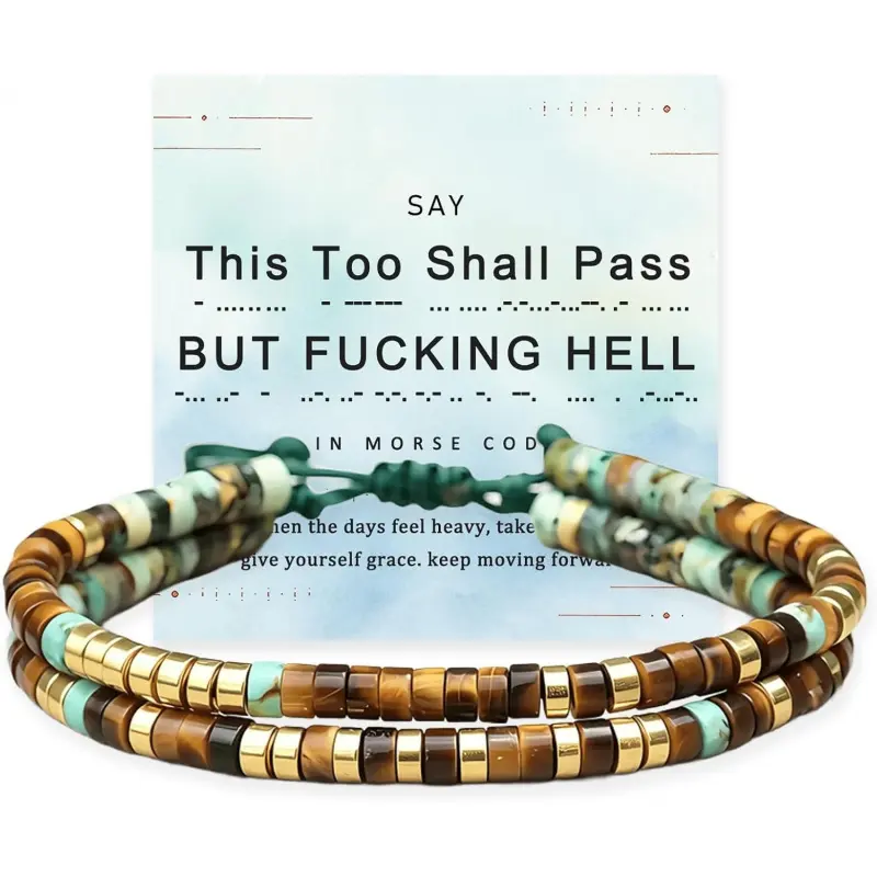 This Too Shall Pass Morse Code Bracelet for Women, But Fucking Hell Tiger Eye Turquoise Double Layer Beaded Wrap Bracelet, Adjustable Hidden Message Motivational Bracelets Jewelry Gift