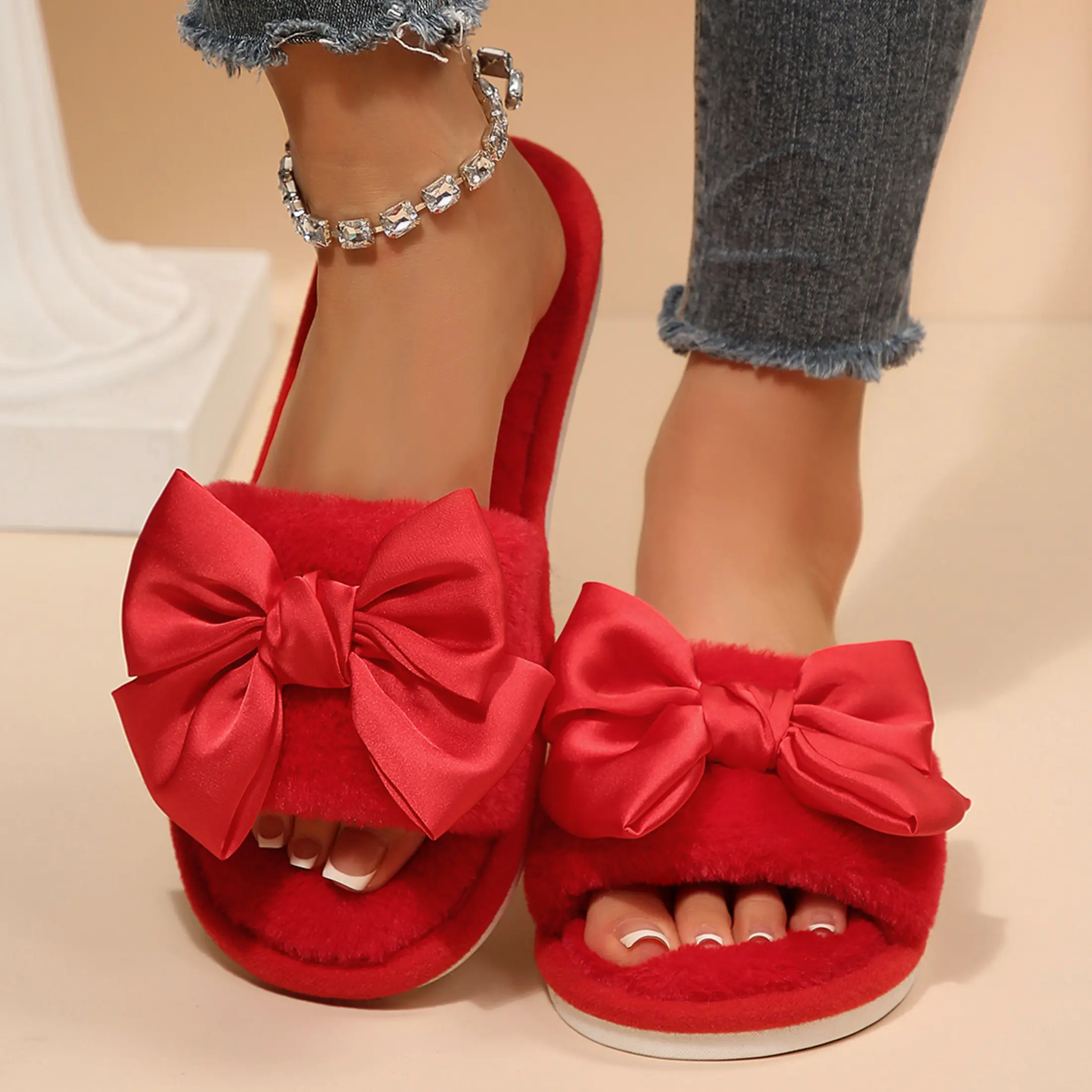 Women's Plush Bow Slippers Faux Furry Open Toe Slippers Romantic Gift Shoes for Valentine's Day Wedding Anniversary