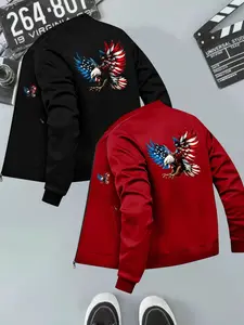 Men's Fashion Casual Jacket Set, American Flag Eagle Print, Regular Fit, Long Sleeve, Zipper Outerwear, Ideal for Sports & Outdoor Activities