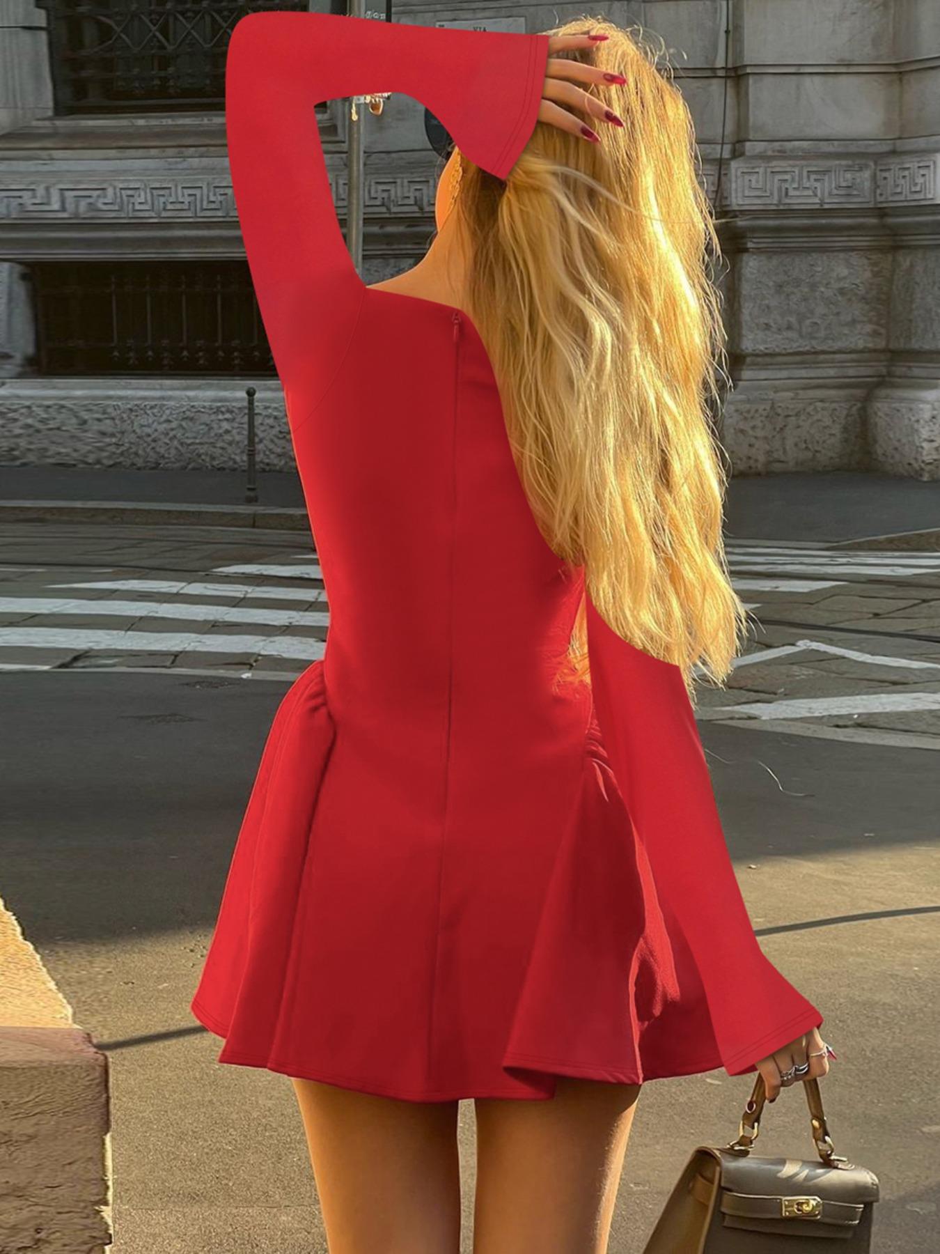 Women's Plain Long Sleeve Dress, Elegant Solid Color Back Zipper Party Club Holiday A-line Mini Dresses for Women