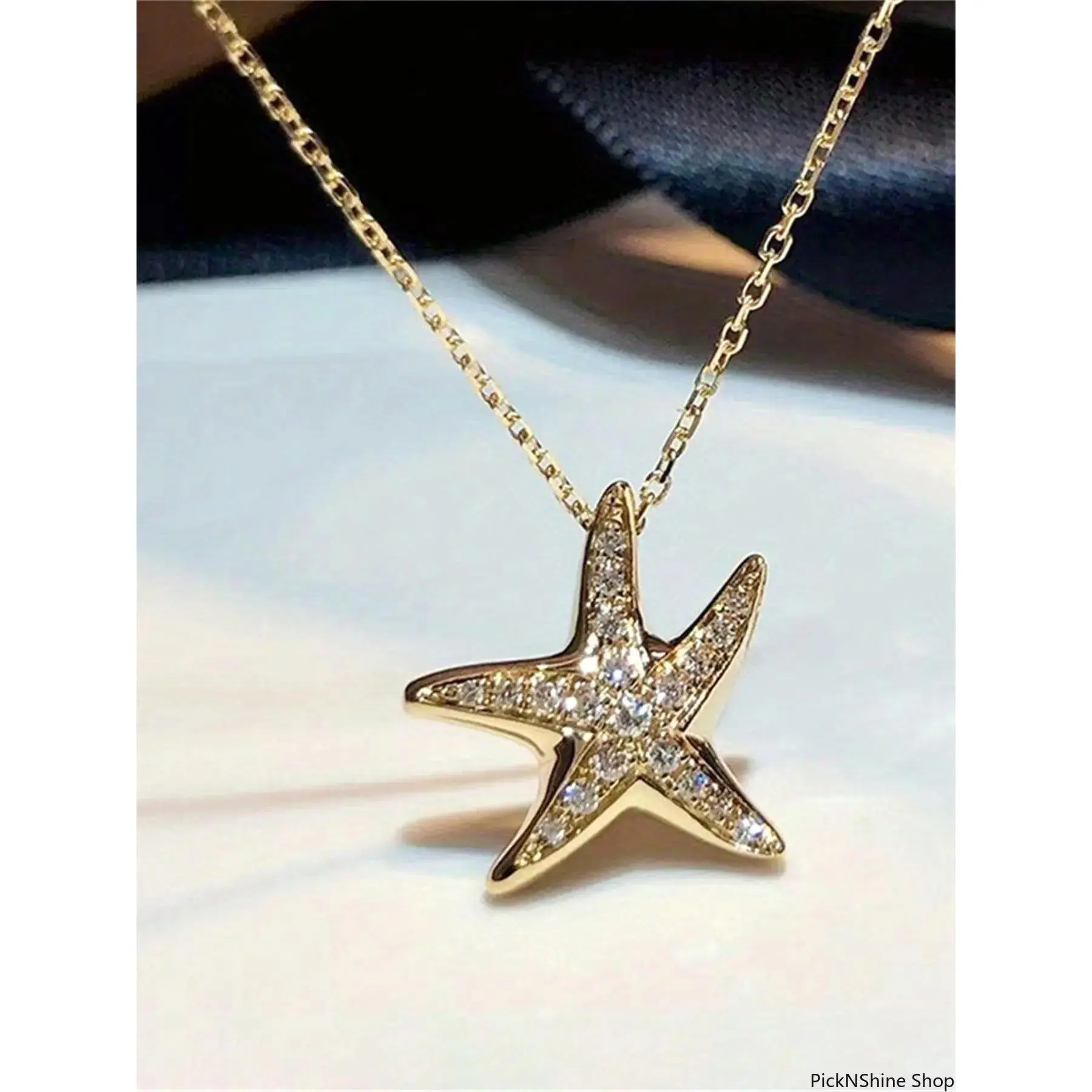 Beach Style Starfish Necklace for Women, Gold-Tone Cubic Zirconia Pendant Necklace, Ocean-Inspired Jewelry for Summer Vacation & Daily Wear