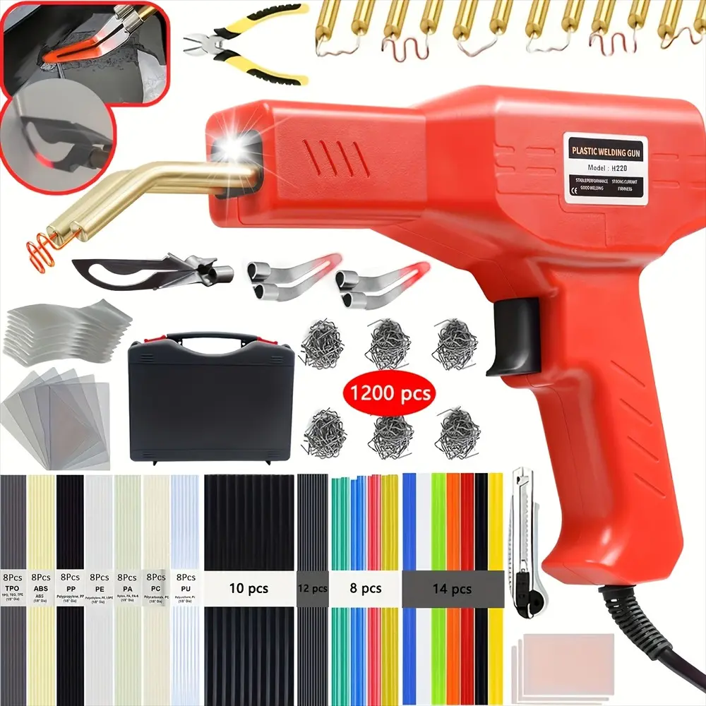 Plastic Welding Gun Kit with 1200 Hot Pins and 100 Plastic Sticks, Ideal for Car Bumper Repair, Dashboard, Motorcycle, Kayak, Toy Box, Plastic Welder Kit