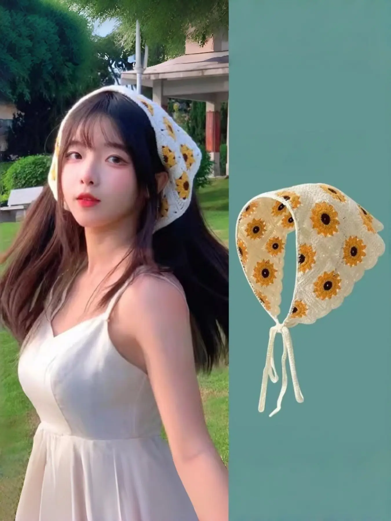 1Pcs Hand Crochet Sunflower Triangle Headscarf, Hollow Knit Kerchief with Tie String, Cottagecore Vintage Style Hair Wrap for Women Picnic, Beach & Daily Casual Outfit