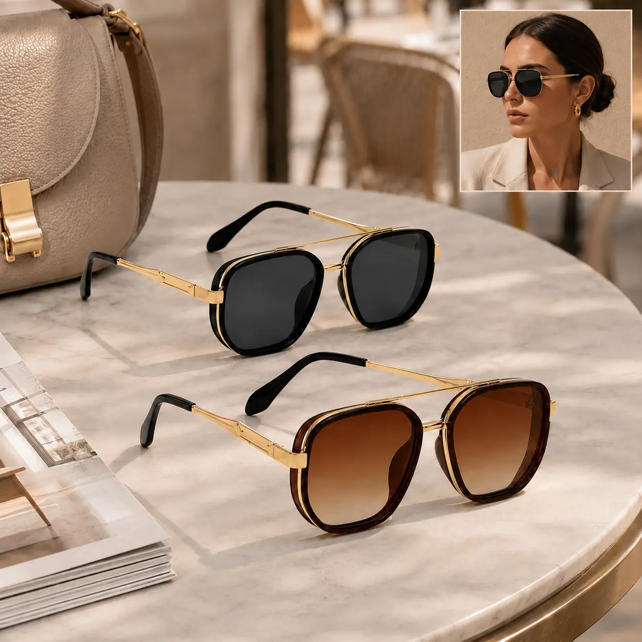 Unisex Gold Geometric Double Beam Sunglasses, Double Bridge Polarized Shades with UV400 Protection and Glare Reduction, Lightweight Fashion Sunglasses for Women and Men, Summer Travel and Daily Wear