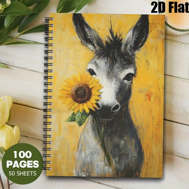 1 Spiral Notebook with Donkey & Sunflower Design, Cute Notepads, 5.7x8.26 Inch, High-Quality Lined Pages, Durable Binding, Perfect for Daily Journaling, Travel Notes, School Supplies, Birthday Gift, Christmas Present for Kids and Animal Lovers [2D] Flat
