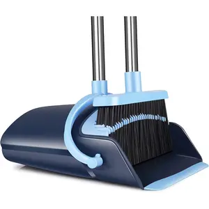 Broom and Dustpan Combo Set for Indoor Outdoor Home, Upright Dust Pan with Long Handle Angle Broom for Pet Hair Garden Kitchen Wood Floor Lobby