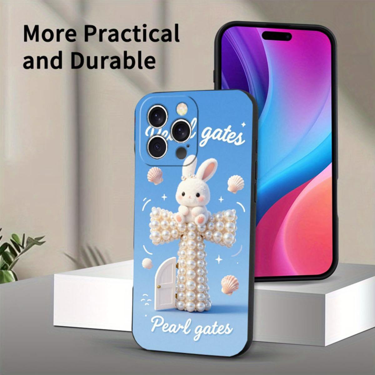 Phone case: Pearl Door religious Christian theme phone case, decorated with a cute rabbit on a pearl cross, featuring shells and glitter, suitable for iPhone 17/17pro/16/X/XS/XR/11/12/13/14/15/16Plus/17ProMax, printed imitation liquid phone case