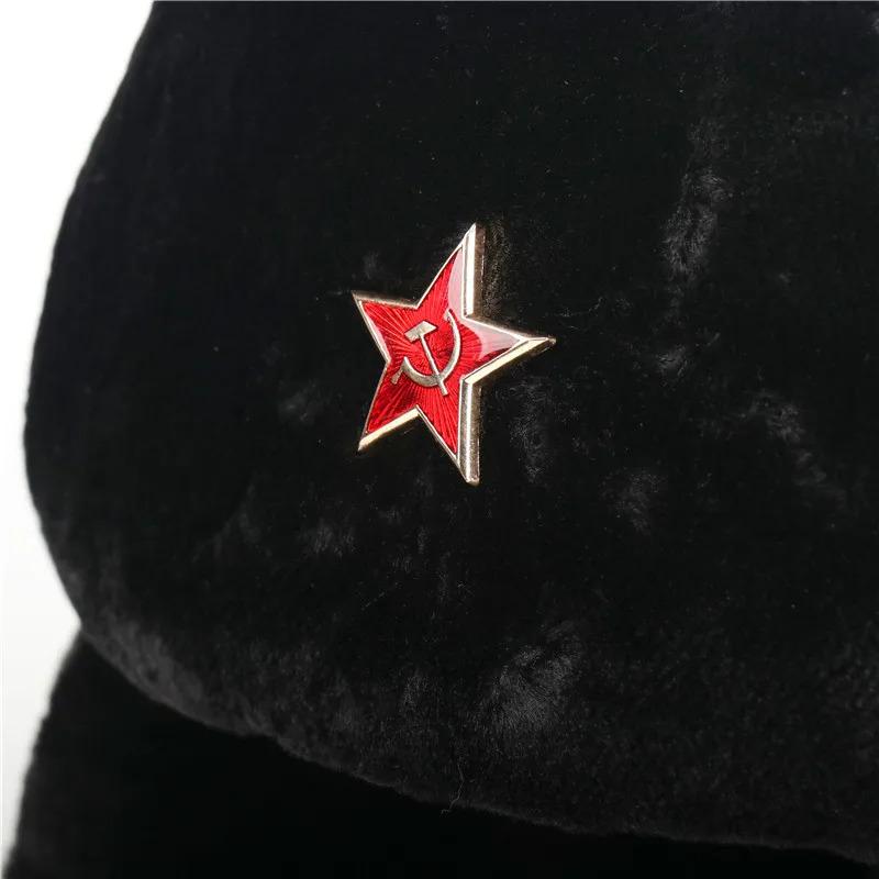 Men's Winter Soviet Badge Lei Feng Hats Russian Ushanka Hat Outdoor Warm Thicken Faux Rabbit Fur Windproof Snow Caps