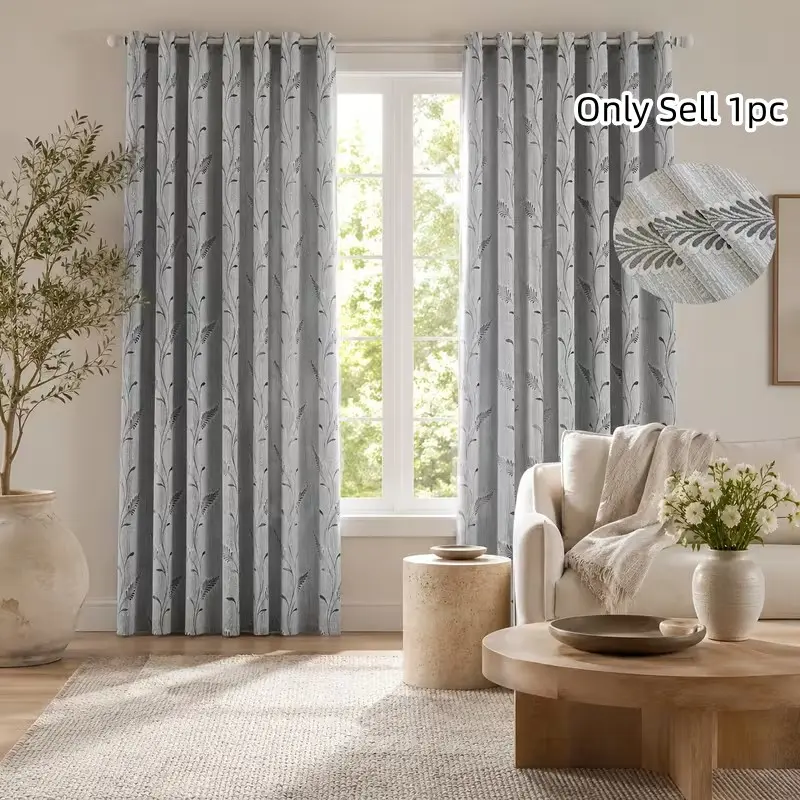 1pc Leaf Pattern Blackout Polyester Curtain, Textured Floral Design, Modern Drapes for Bedroom and Living Room Decor, Elegant Window Treatment