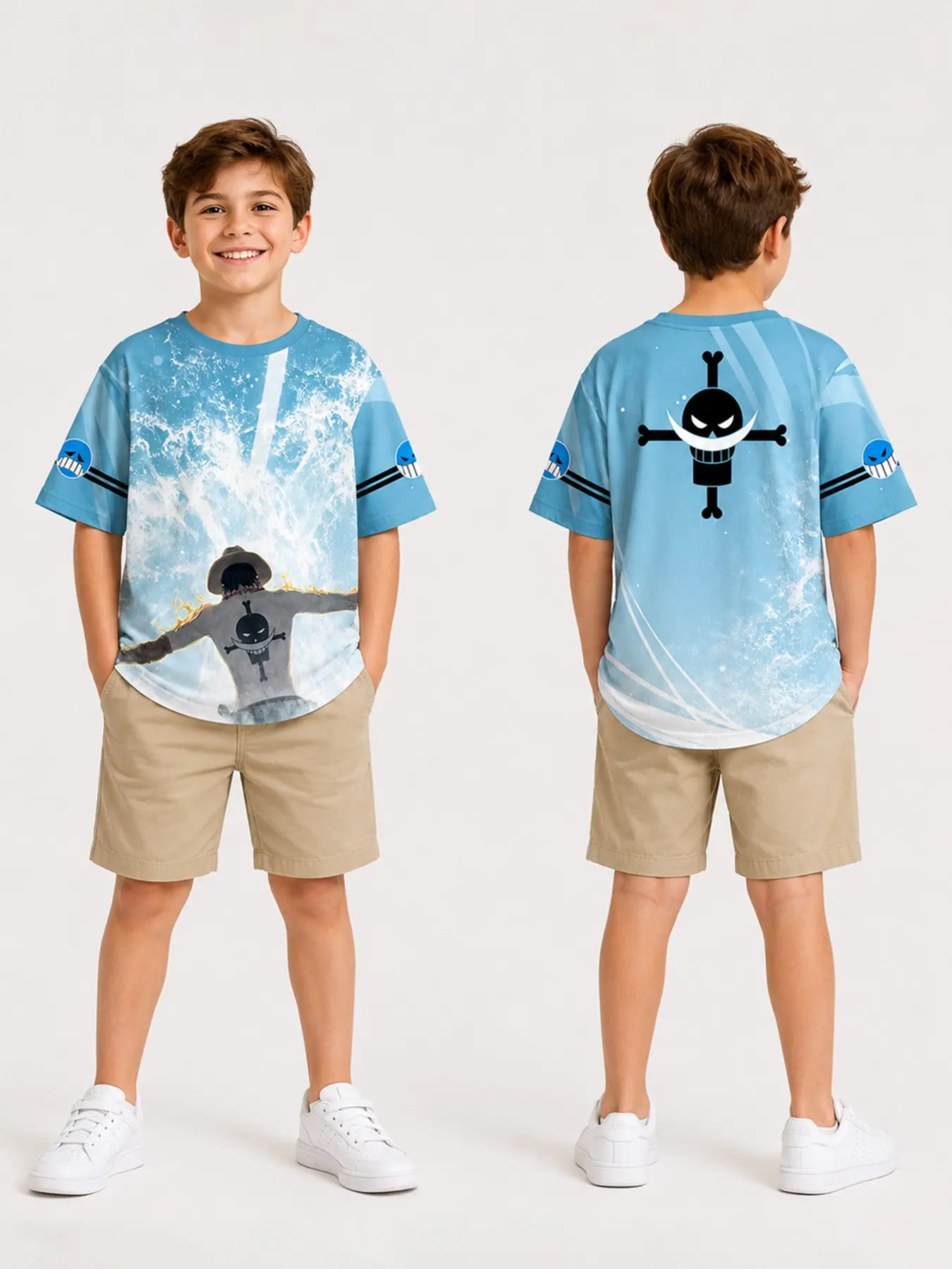 Anime One Piece Official Summer T-Shirt for Boys Girls Ages 6-14, Cartoon 3D Print Street Style Fitted Round Neck Top