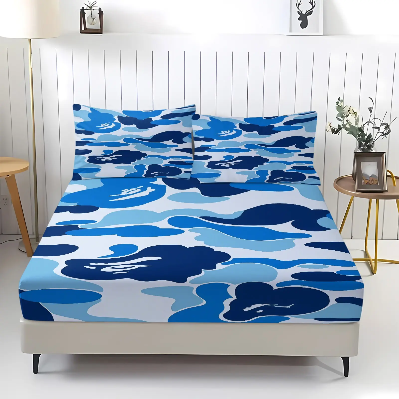 Colorful camouflage pattern fitted sheet, non-slip and dustproof soft bedroom and dormitory bedding, suitable as a moving or daily holiday gift, includes 1 fitted sheet and2 pillowcases.