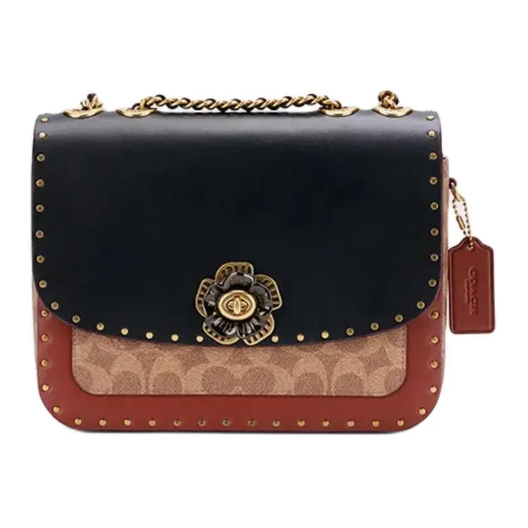 COACH Madison 24 Camellia Logo Turn-Lock Crossbody Bag for Women, Medium Size, Embroidered Red and Black Leather