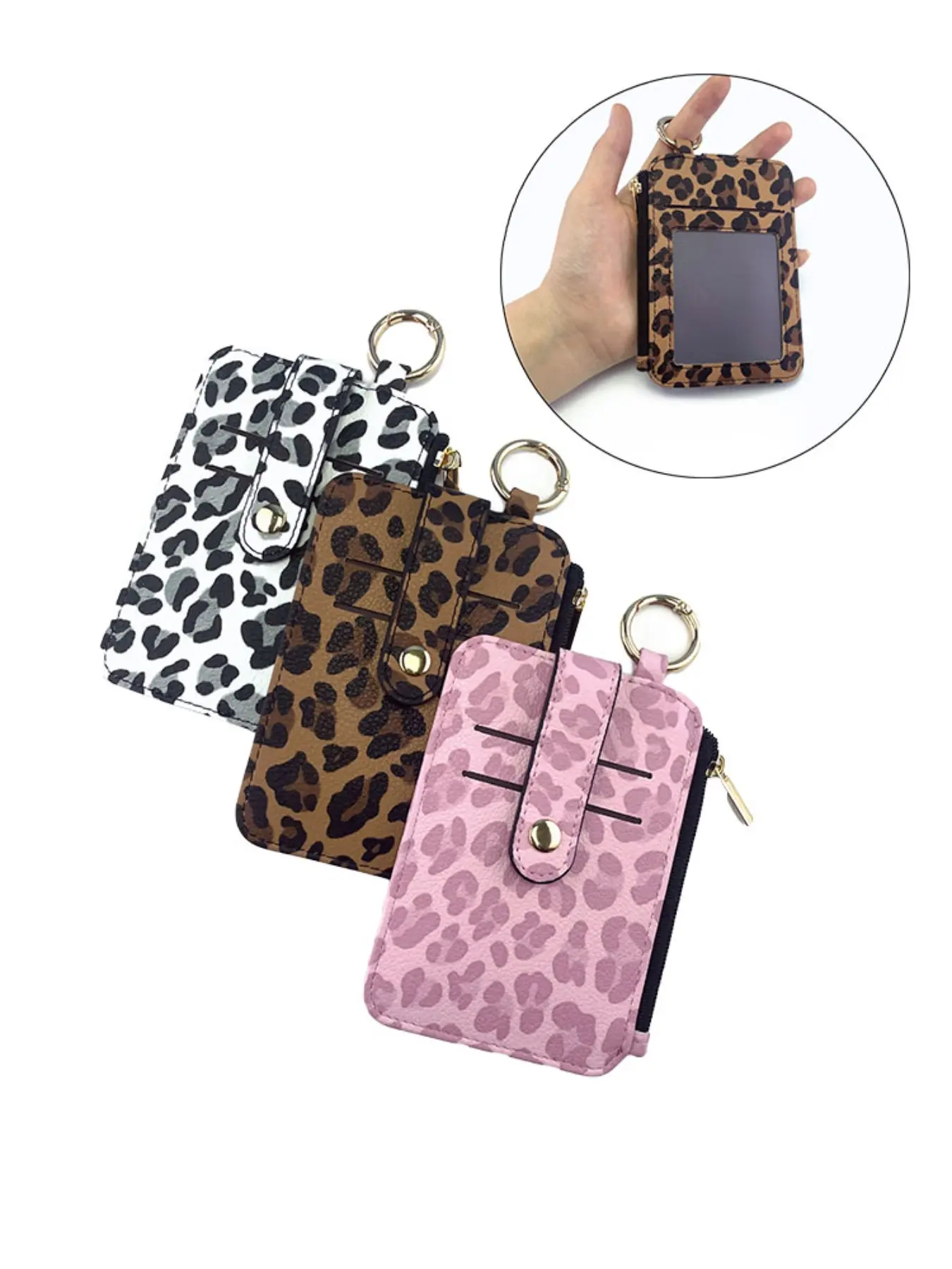 Leopard Print Women's Slim Card Holder, Multi-Card Slots, Mirror Window, Key Ring, Coin Purse, Fashionable Card Holder, Fashion Zipper Card Clip, Bag Accessory