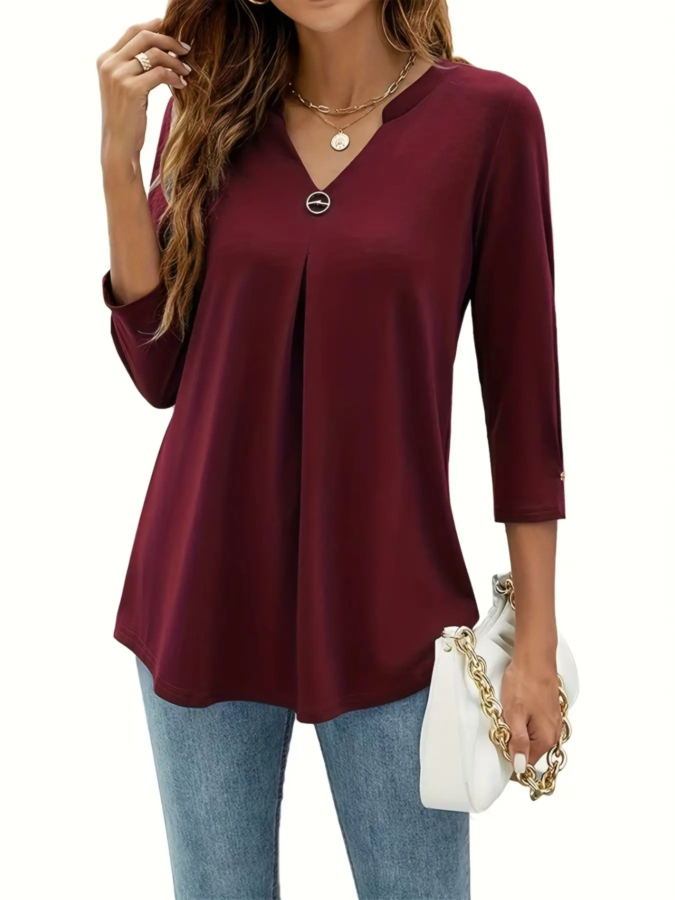 2026 European and American Autumn Winter Seven-Quarter Sleeve Solid V Neck Button Pleated Top for Women, Stylish and Comfortable Fashion