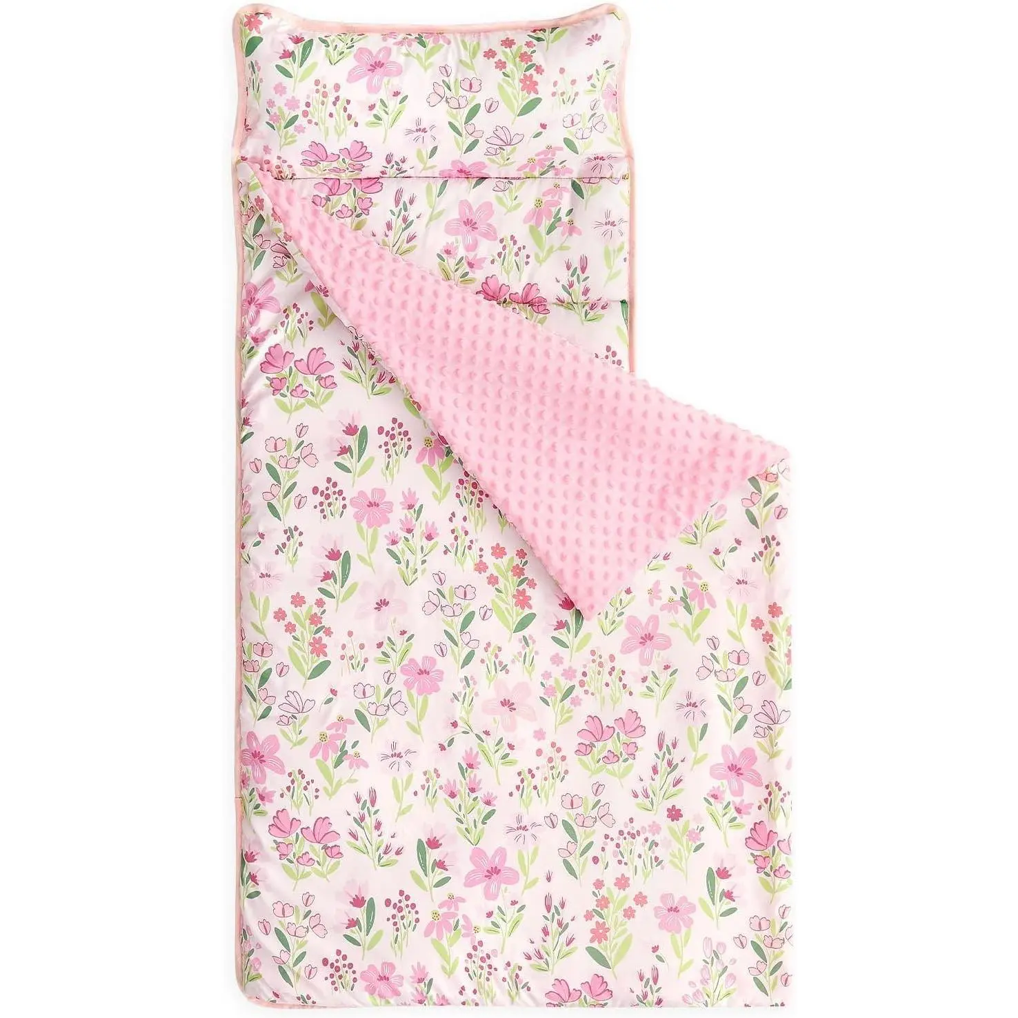Toddler Nap Mat with Pillow and Minky Fleece Blanket, Roll Up Sleeping Bag for Kids Girls Ages 3 Plus, Ideal for Daycare Preschool Kindergarten, Floral Flowers Design