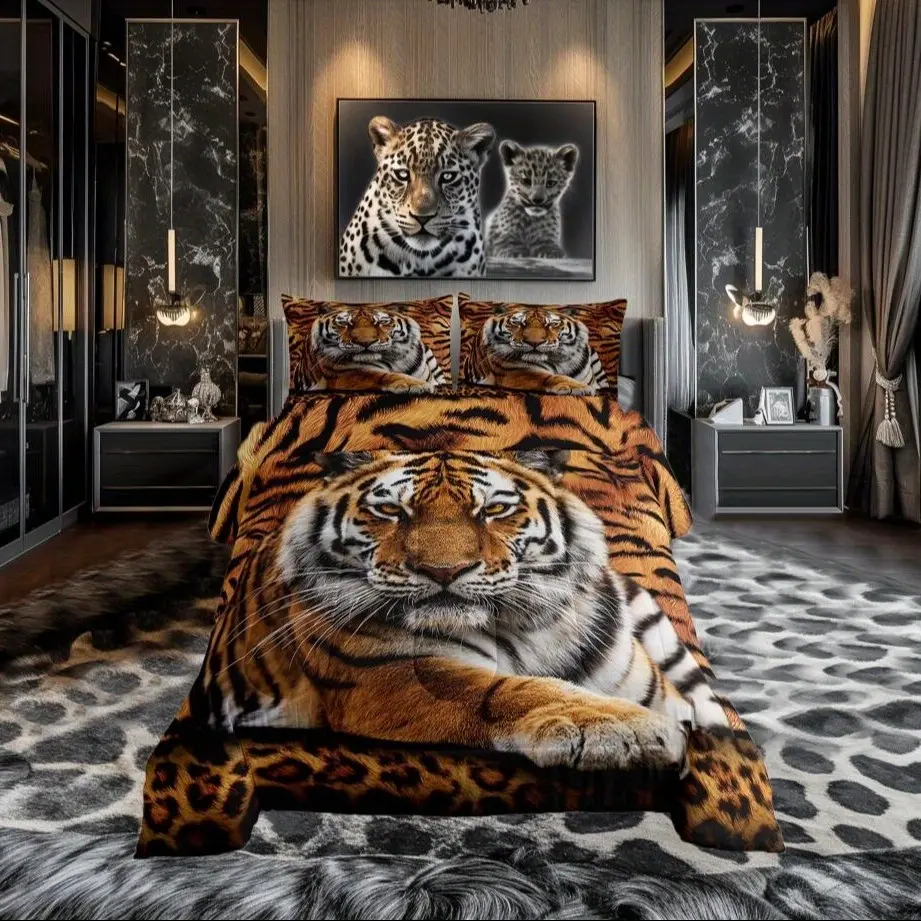 2/3 Pcs Tiger 3D Print Comforter Bedding Set Wild Animal Pattern for Adults Men Women, Soft Breathable All Season Room Decor, Includes 1 Comforter & 1/2 Pillowcases, Perfect Father's Day Graduation Gift