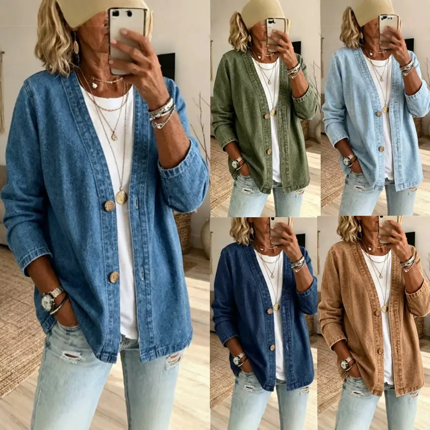 Women V‑Neck Denim Cardigan Jacket, Long Sleeve Button Down Loose Casual Open Front Denim Coat, Spring Fall Daily Outerwear for Ladies
