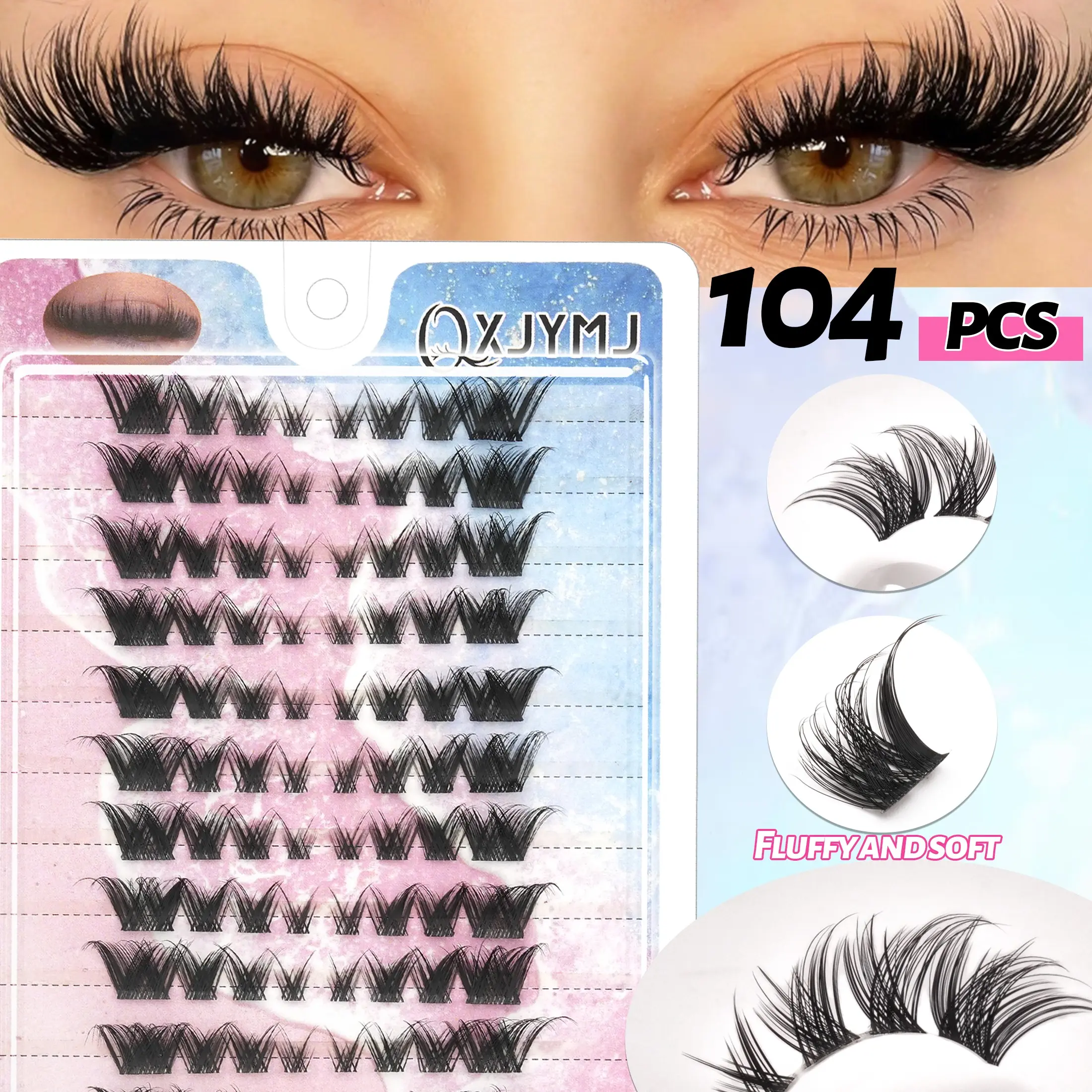 104 Pcs DIY False Lashes, Natural Clustered Lash Set, Soft Fiber with Lightweight Band, Perfect for Commute, Selfies, Daily Wear