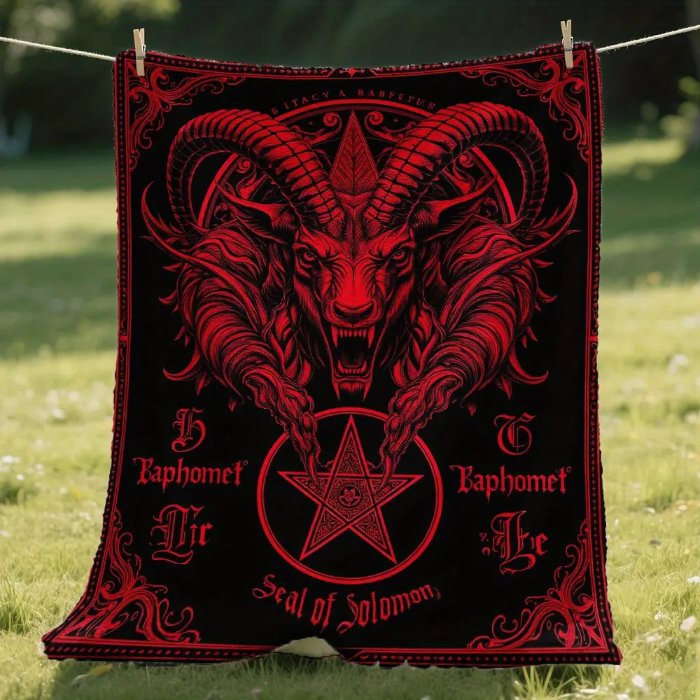 Red Goat Demon Flannel Throw Blanket Black Background Baphomet Pentagram Vintage Border Gothic Occult Art Soft Fleece Blanket Alternative Goth Man Cave Sofa Decor Gift