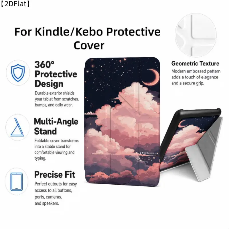 For Kindle/Kobo/Tolino Case, with stand Pink Clouds Night Sky Moon for New Kindle 11Th 2019, for Kindle 11th Generation Case for Kindle 11Th (2022/2024), 6-Inch, 7-Inch Kindle Paperwhite 12Th Generation 2024 Vision Color (2024) /Vision 6 (2021）/Shine Colo