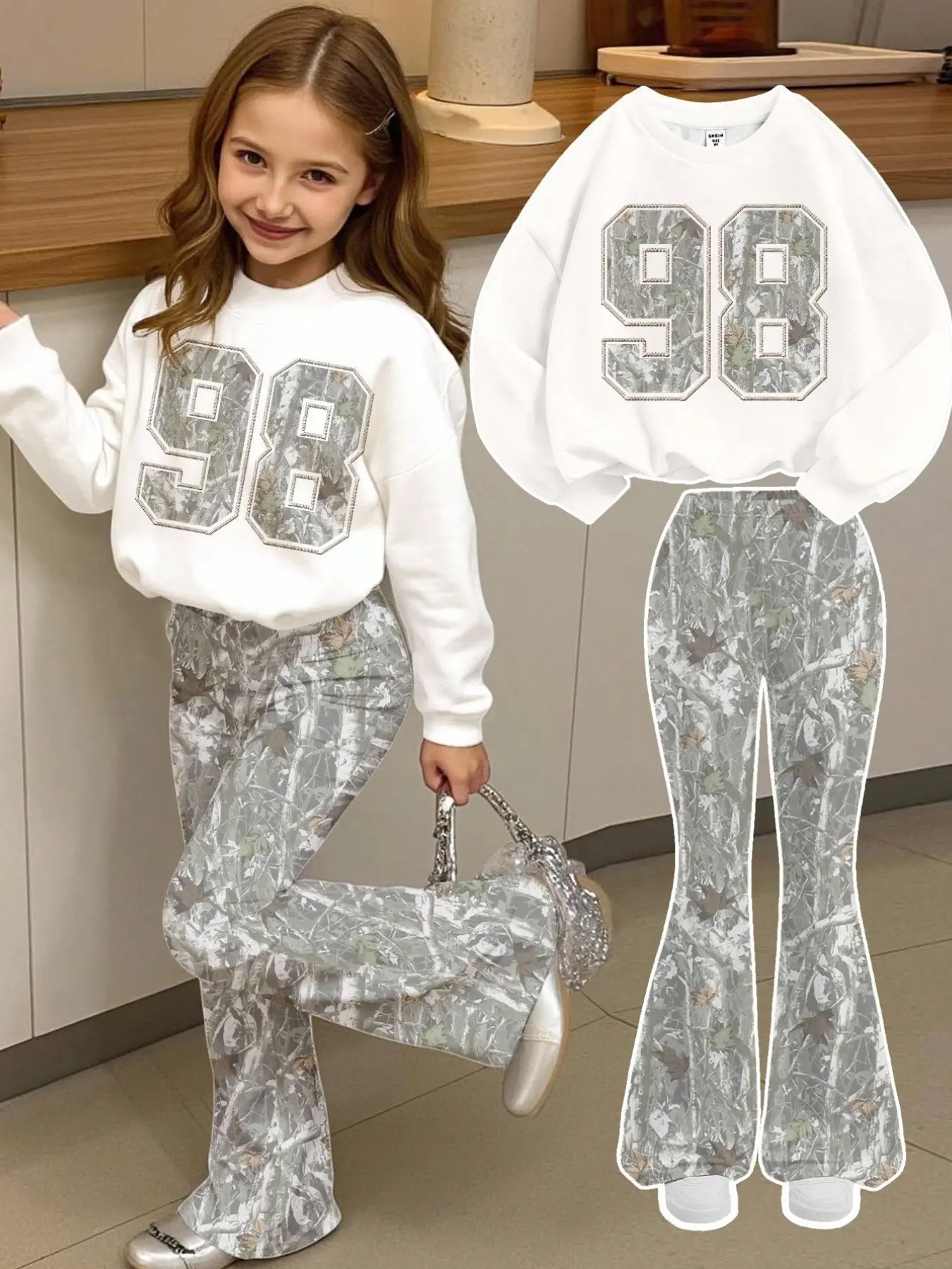 Girls' Digital Camouflage Two-Piece Set, Camo Print Set, American Vintage Style, Loose-Fitting, Fall & Winter Casual, Kids' Streetwear
