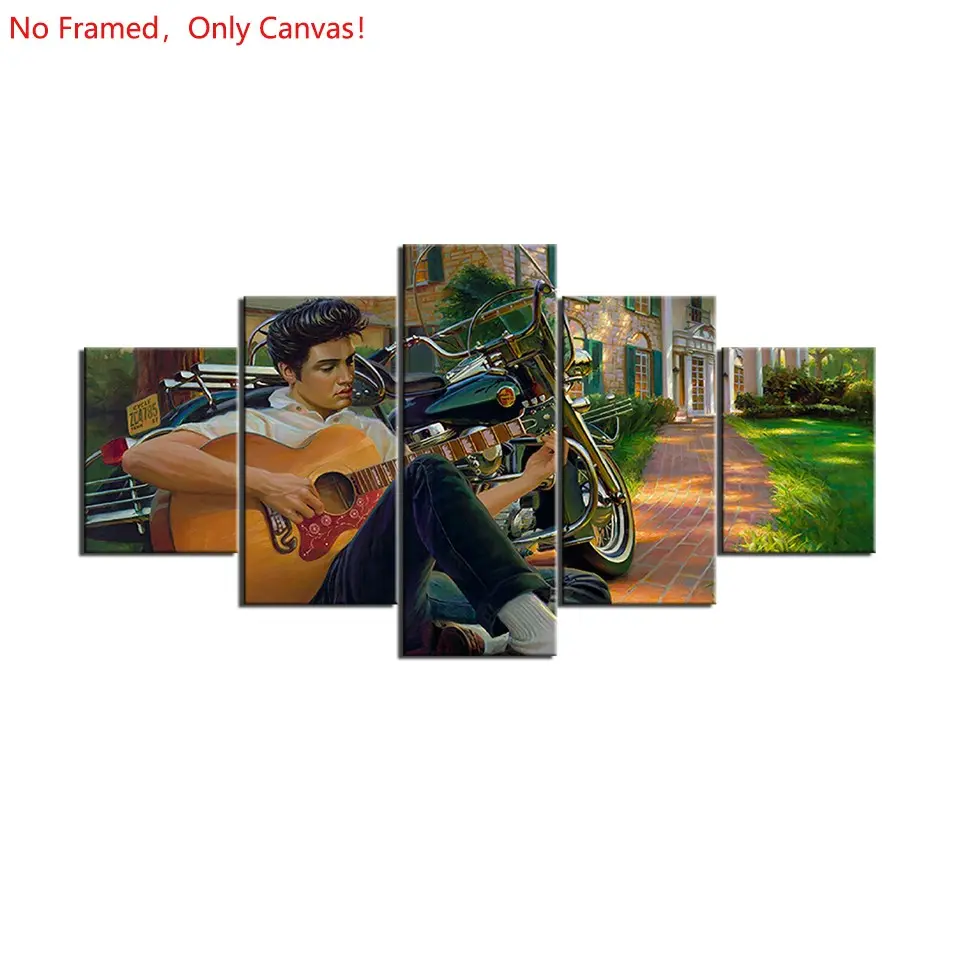 5 piece/set frameless canvas painting print poster, Classic Character Album art，Elvis Rock 'n' Roll Motorcycle and Guitar，a perfect gift for Music loves, ideal gift for bedroom, living room, dorm hallway, kitchen, mural, wall decoration, room decor