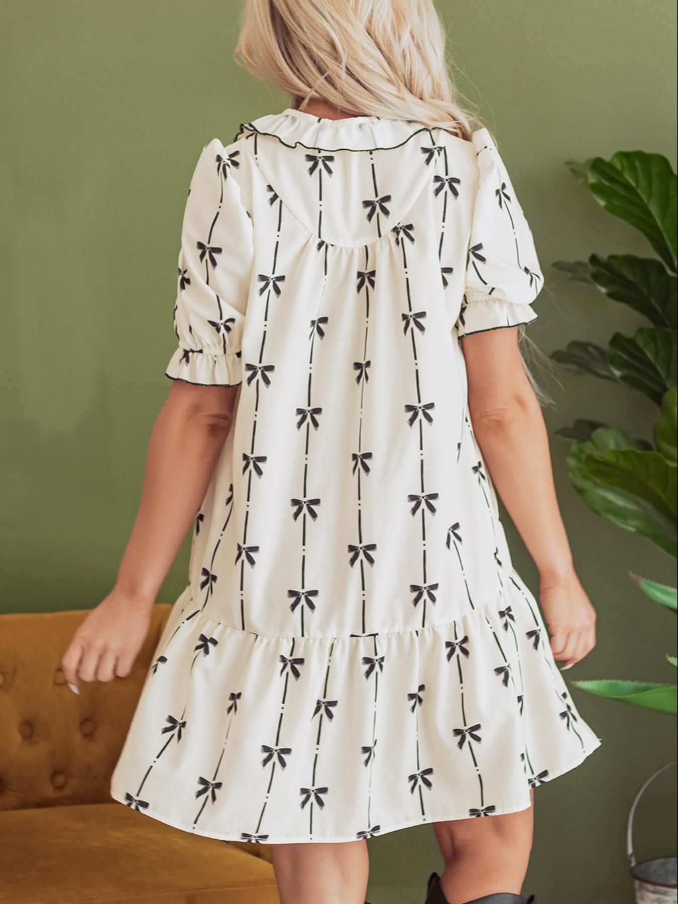 Women's Bowknot Print Bubble Sleeve Dress, Fashion Casual Fitted Short Sleeve Dress for Daily Outdoor Wear, Ladies Clothes for All Seasons