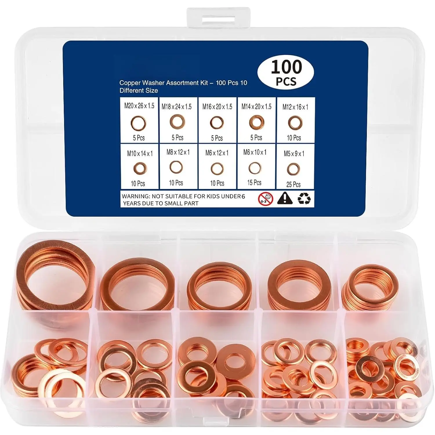 Copper Washers, Oil Drain Plug Washer, 100 count Copper Crush Gasket  Kit - 10 Different Sizes Flat Sealing Crush Washers (M5-M20) for Automotive, Plumbing, Electrical, Mechanical.