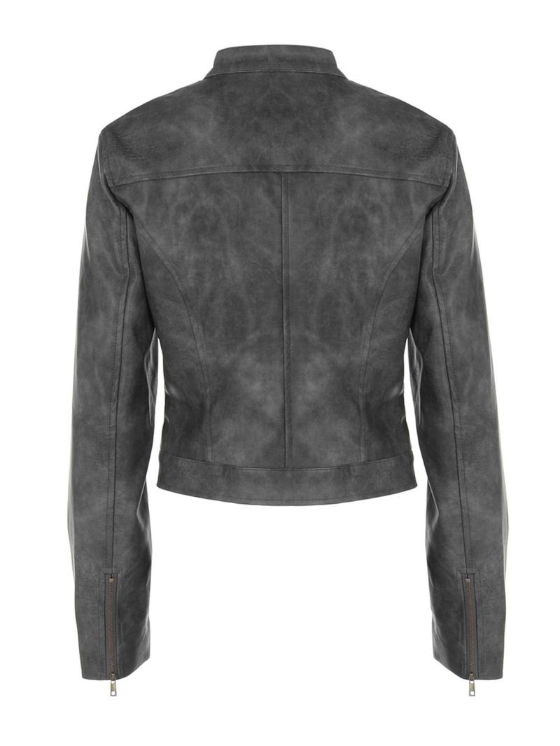 Women's Solid Button Mock Neck Zip Up PU Jacket, Fashion Casual Long Sleeve Outerwear for Daily Outdoor Wear, Women Clothing for Fall & Winter