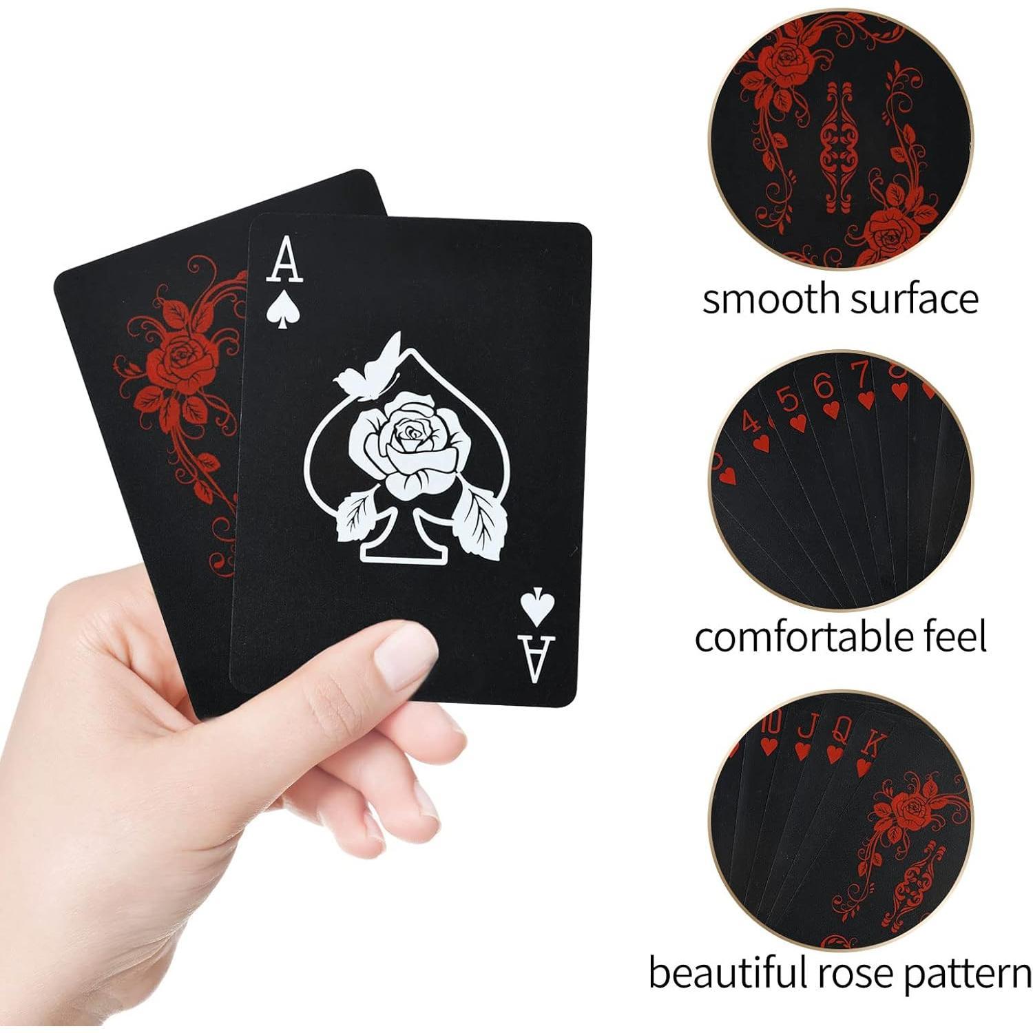 Black Playing Cards with Rose Pattern, 2 count Deck of Cards, PVC Plastic & Waterproof Playing Cards, Cool Card Decks Suitable for Family or Friend Card Games, Party, Magic, Trick Tool