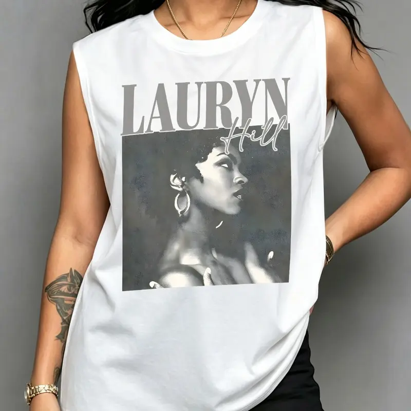 Women's Lauryn Hill Print Round Neck Sleeveless Vest, Comfortable Casual Graphic Print Top for Spring & Summer Daily Wear