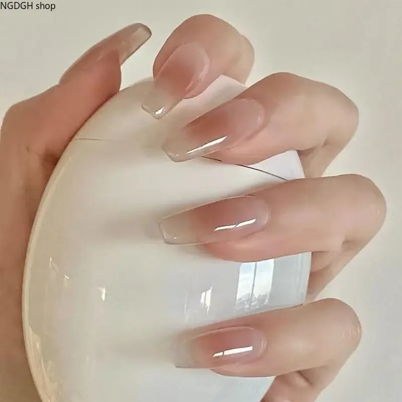 Long Nails - Beige Nude Ombre Gradient Press On Nails Long Coffin Glossy Neutral Fake Nail Art Kit for Women Girls Daily