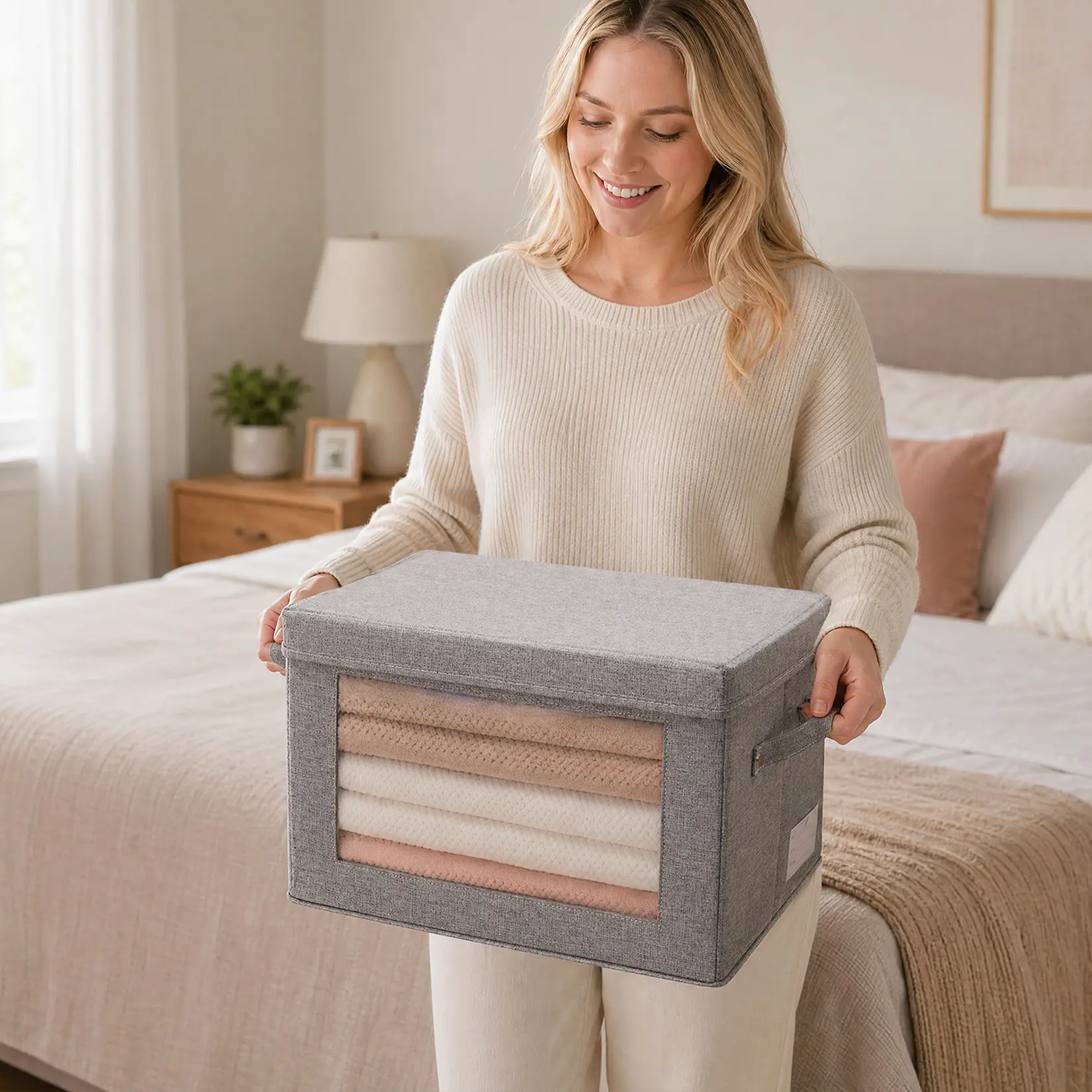 3 Pack Foldable Storage Box with Lid Linen Closet Organizer Bin for Clothes Blanket Toys Wardrobe Shelf Home Storage Gray 38 x 25 x 25 cm