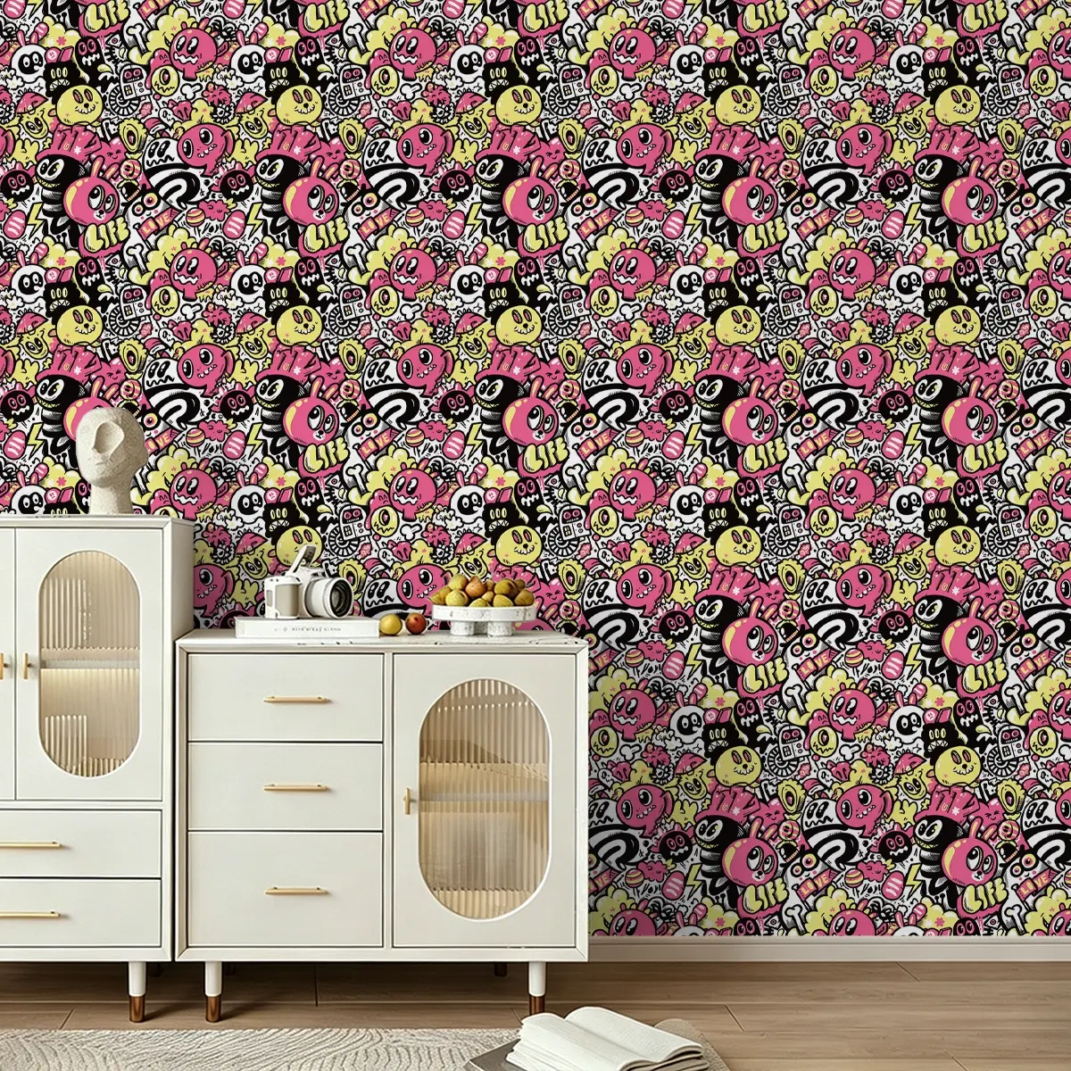 1 Roll Peel & Stick PVC Wallpaper,Abstract graffiti style art pattern, 0.18mm thick self-adhesive wallpaper, clear anti-fade patterns cover wall blemishes, decor sticker for dorm, rental house, bar & furniture
