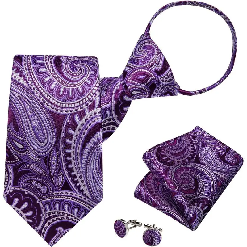 Men's Pre-Tied Zipper Necktie Set, 100% Silk Formal Paisley Print Tie with Pocket Square & Cufflinks, Adjustable for Formal Wear, Adjustable Size, Set Pack