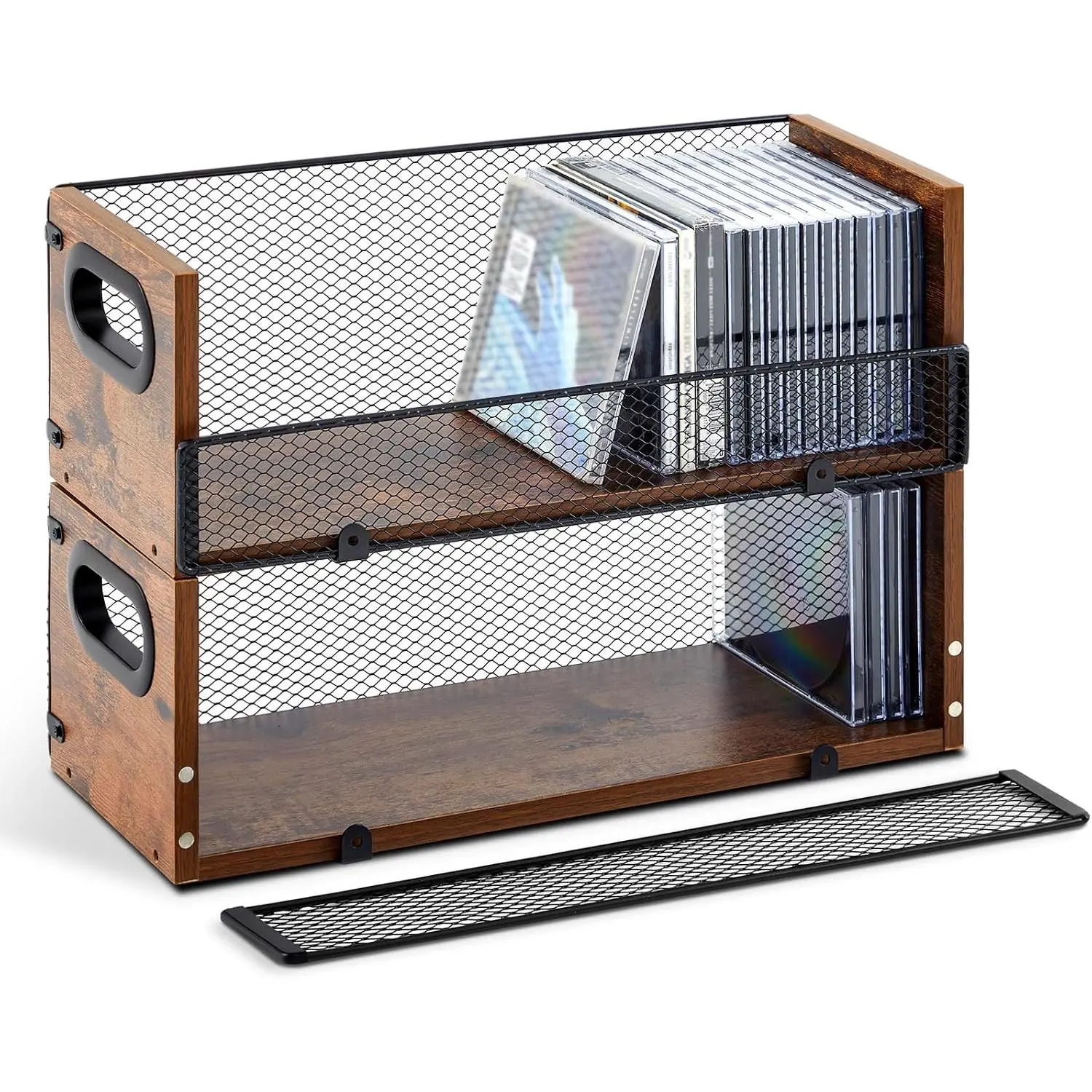 2 Pcs Wooden Cd Storage Box Holder Racks Retro Cassette Tape Display Stand with Carrying Handles, Organizer Shelf for Movie Cases, Dvds, Cd Organizer Can Store up to 36 Pcs