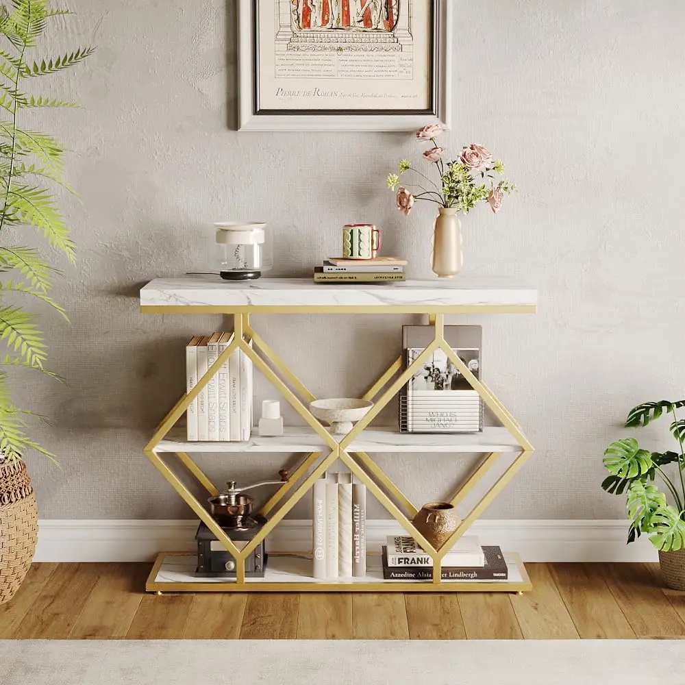 Garvee 3-Tier Narrow Console Table, Diamond Metal Frame Entryway Sofa Table - Rustic Wood Top - Open Shelves Storage - Adjustable Feet