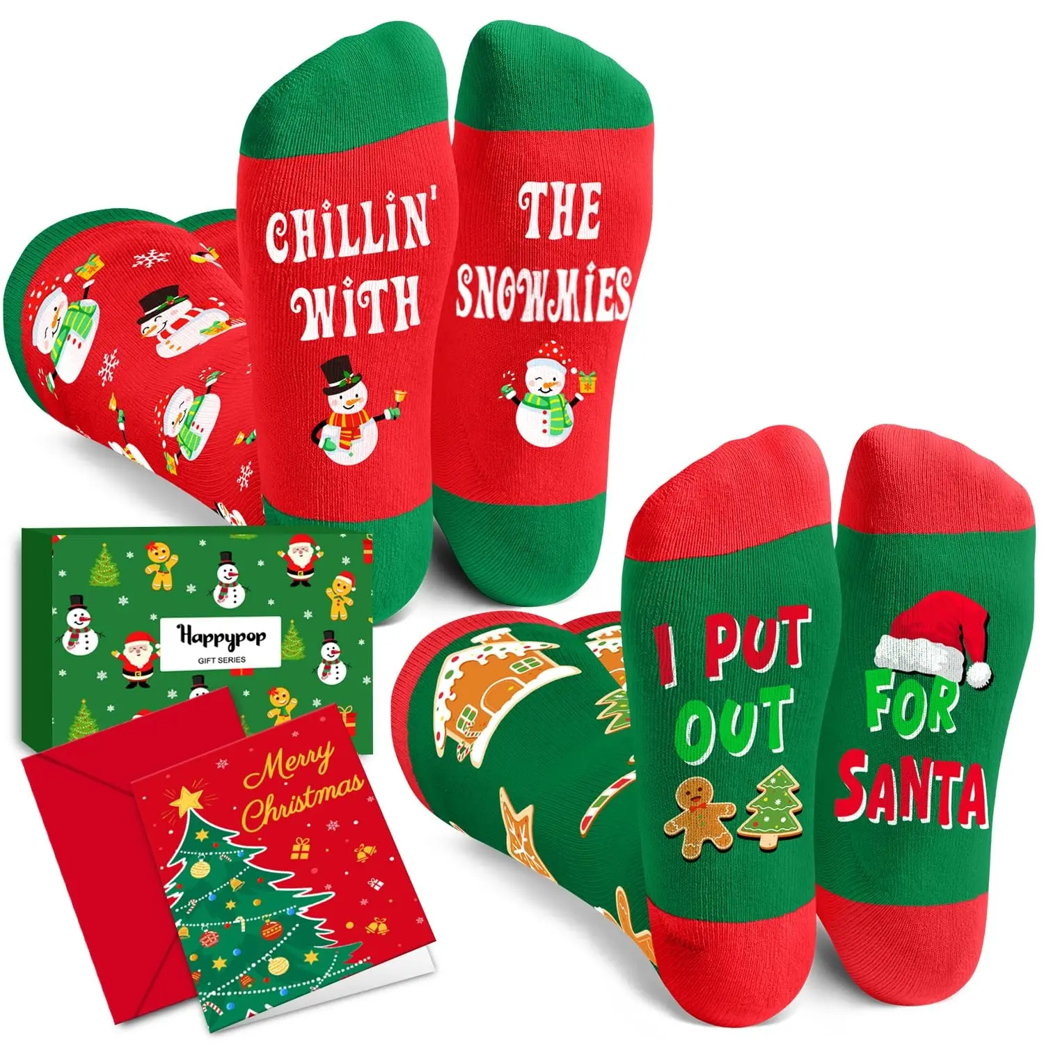 HAPPYPOP Christmas Gifts Stocking Socks for Teen Girls - Christmas Knee High Reindeer Socks Candy Cane Socks, Snowmen Gingerbread Socks Secret Santa Xmas Stocking Stuffers for Women with Greeting Card