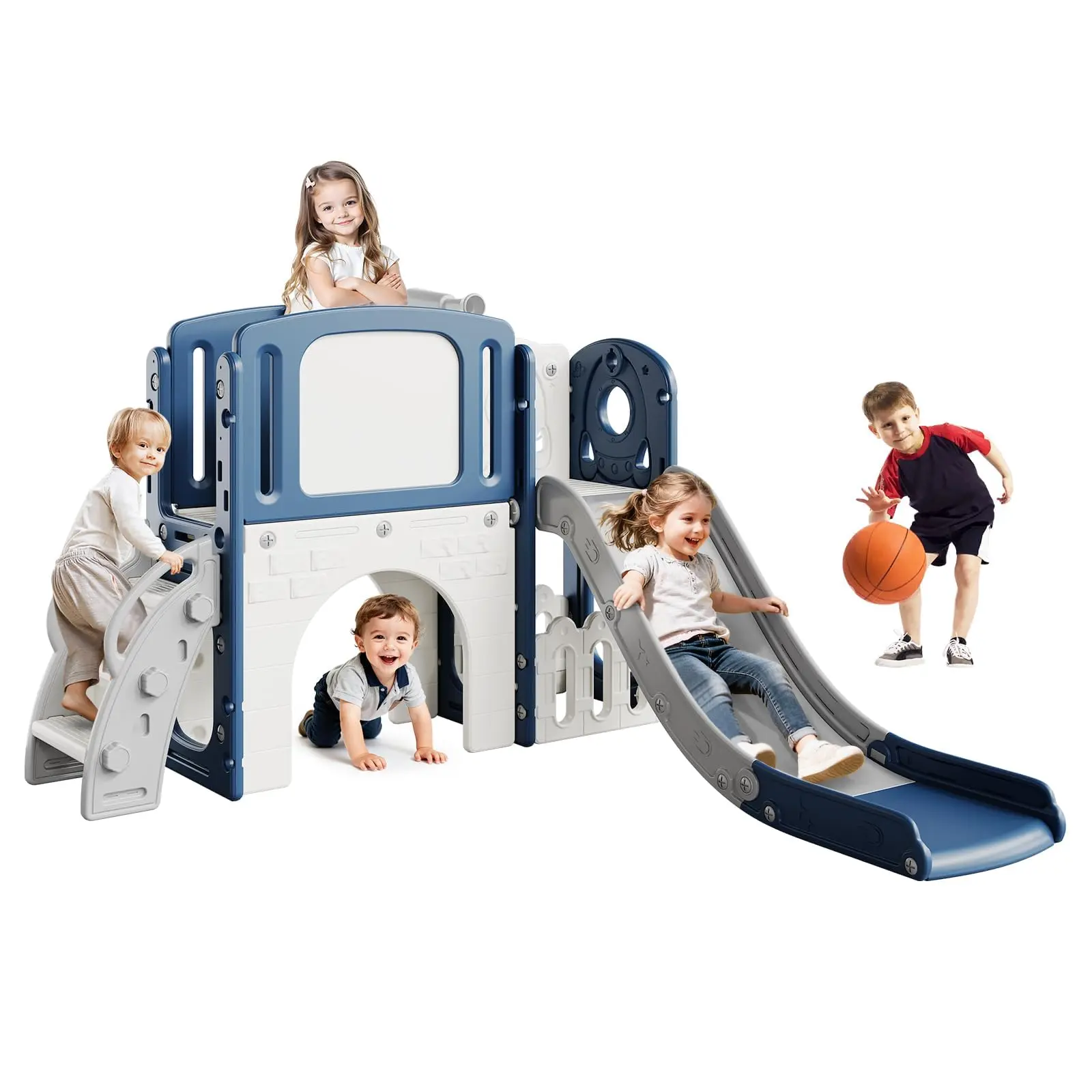 【GAOMON】8-in-1 Toddler Slide and Climber, Indoor Outdoor Playground for Kids 1-5 Years, Plastic Slide with Basketball Hoop Tunnel Rocker, Safe HDPE Material, Easy Assembly, Grey/Blue/Pink