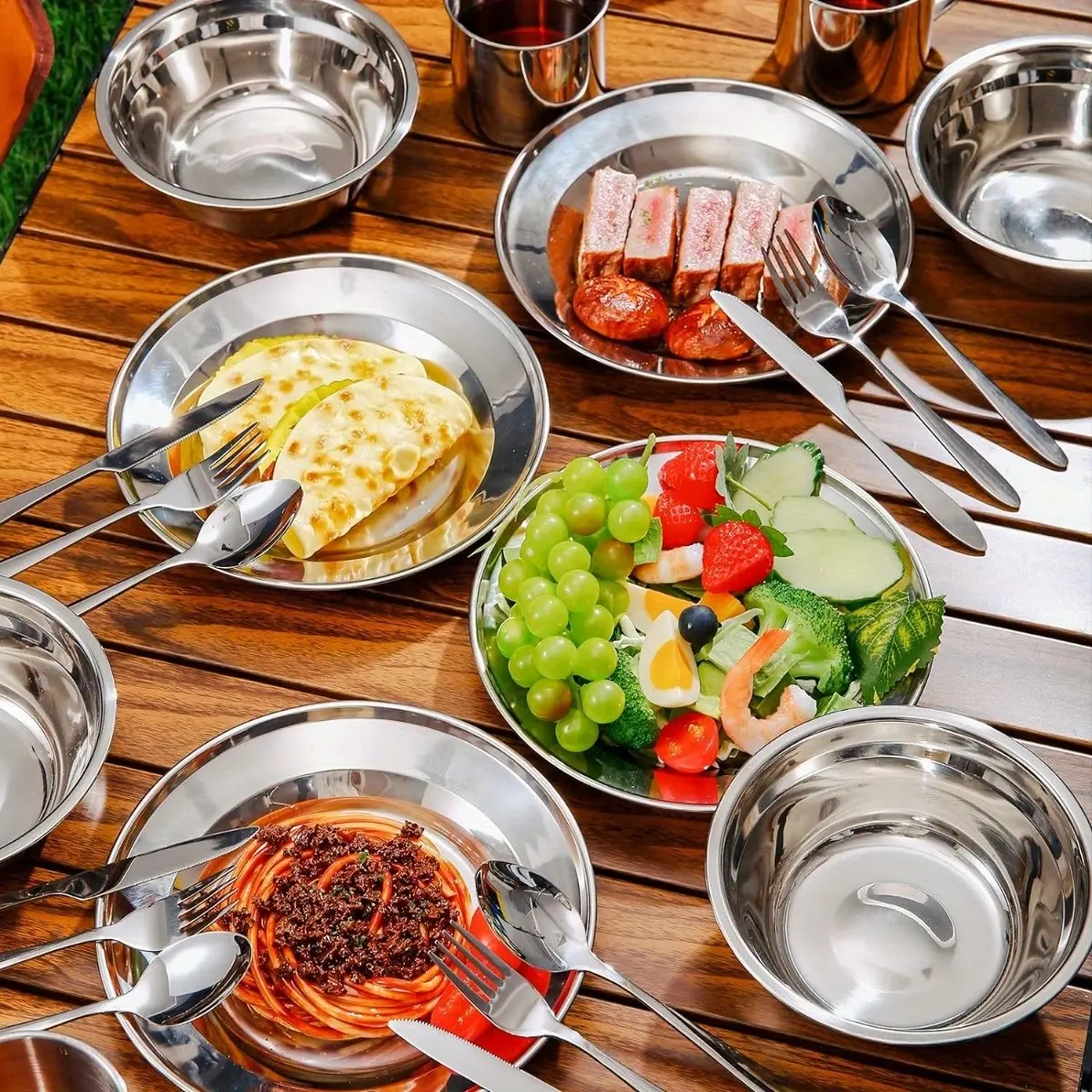 29pcs Stainless Steel Camping Tableware Set Including Bowls, Plates, Cups, Forks, Spoons, And Knives for Four People, Ideal for Backpacking, Outdoor Camping, Hiking, And Picnics
