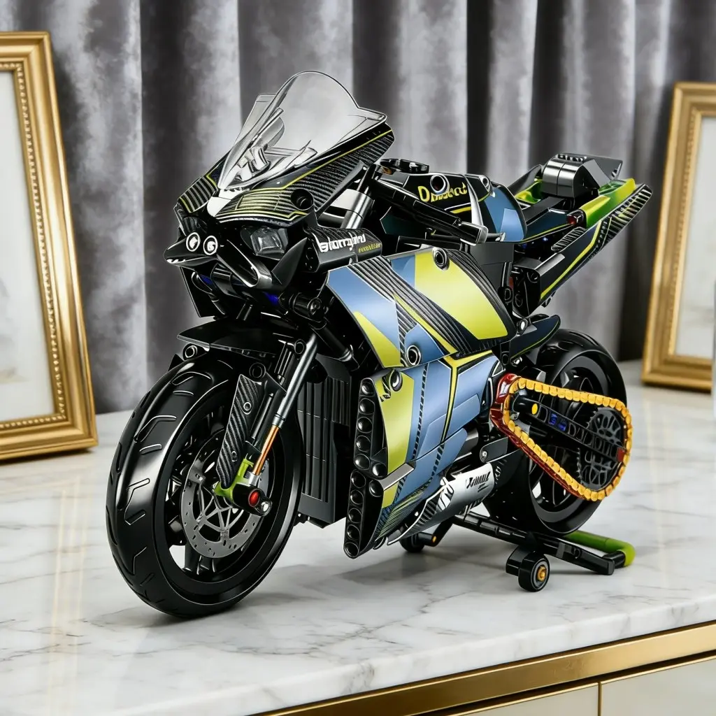 Blue Gradient Carbon Texture Racing Replica Mechanical Blocks, Trendy Competitive Motorcycle Mecha Style, Fashionable Building Toys