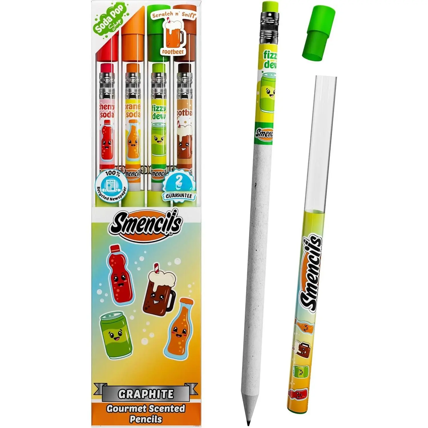 Smencils Soda Pop Shop Scented Pencils – HB #2 Graphite Pencils Made from Recycled Newspapers, 4 Pack, Long-Lasting Gourmet Scents, Fun School Supplies & Gifts for , Teachers, Classroom Rewards