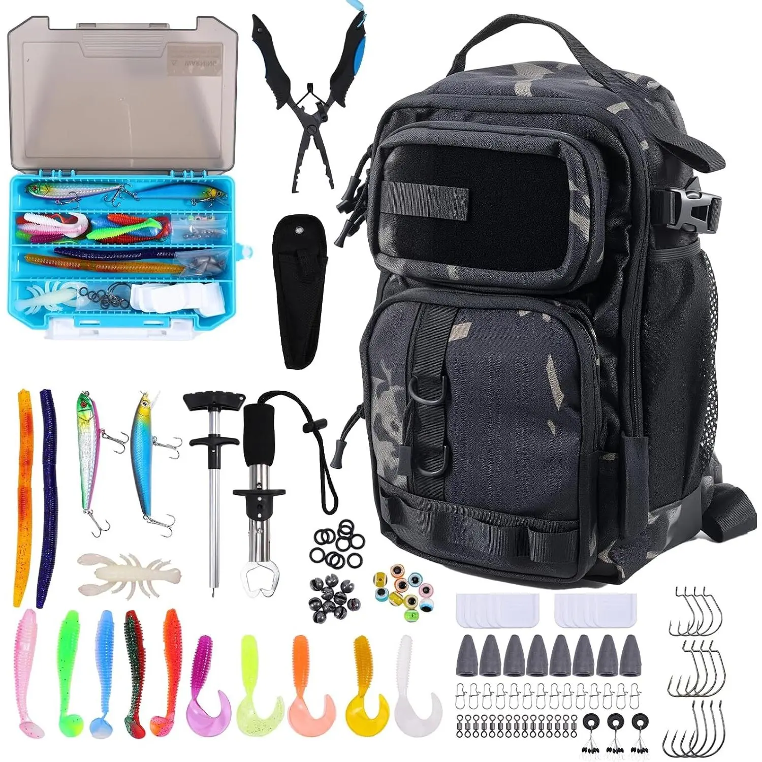 103PCS Fishing Tackle Bag with Rod Holder, Waterproof Sling Backpack for Fishing, Camping, Hiking Gear for Men Adults
