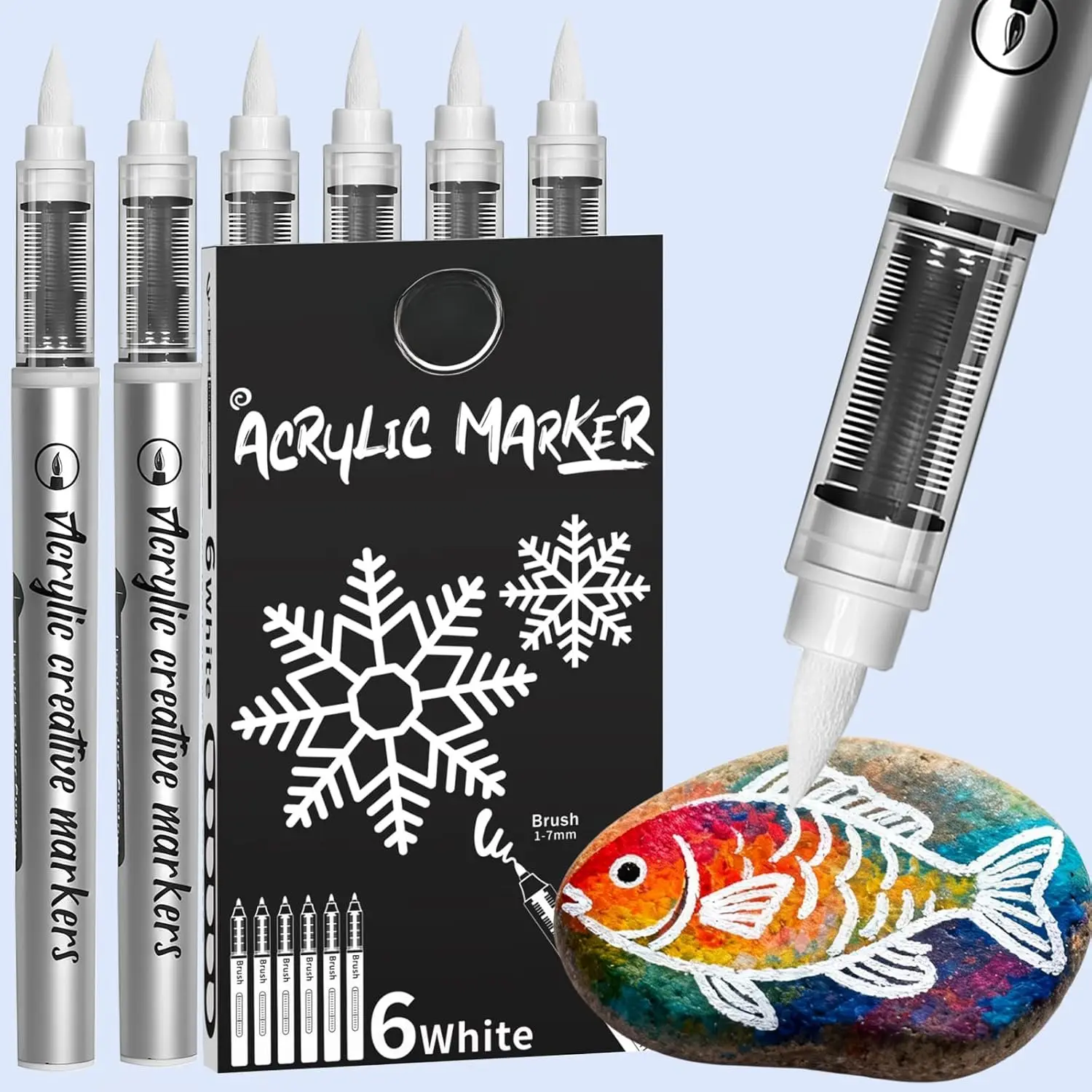 White  Pen, 6 Pack |  Coverage, Automatic Ink Flow, Brush Tip, White Marker for Rock Painting, , Glass, Plastic, Ceramic, Fabric