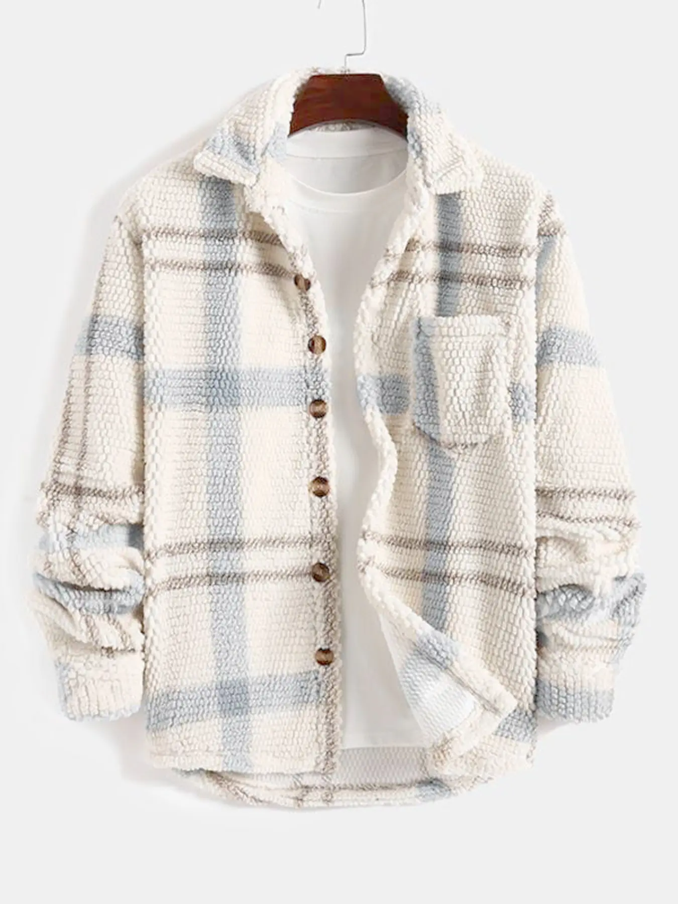 Plaid Plush-Textured Shirt Jacket with Wood-Look Buttons for Casual Wear Plaid Plush-Textured Shirt Jacket with Wood-Look Buttons for Casual Wear
