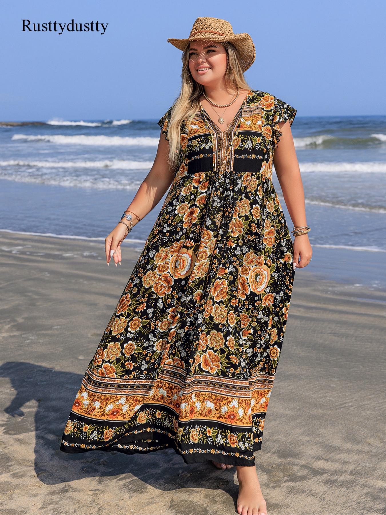 Plus Size Floral Print V-Neck Maxi Dress, Boho Fashion Casual Short Sleeve Dress for Daily Vacation Wear, Women's Clothing for All Seasons, Bohemian Sundress - TikTok Shop Plus Size Floral Print V-Neck Maxi Dress, Boho Fashion Casual Short Sleeve Dress for Daily Vacation Wear, Women's Clothing for All Seasons, Bohemian Sundress - TikTok Shop
